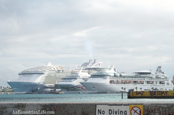 Lined up with other cruise ships. It's the big one, on the left. 