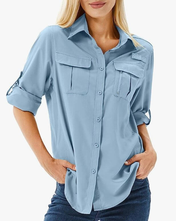 ecommerce image of woman wearing an outdoor safari style shirt