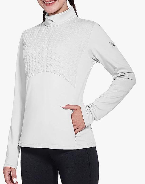 ecommerce image of woman wearing thick white riding shirt