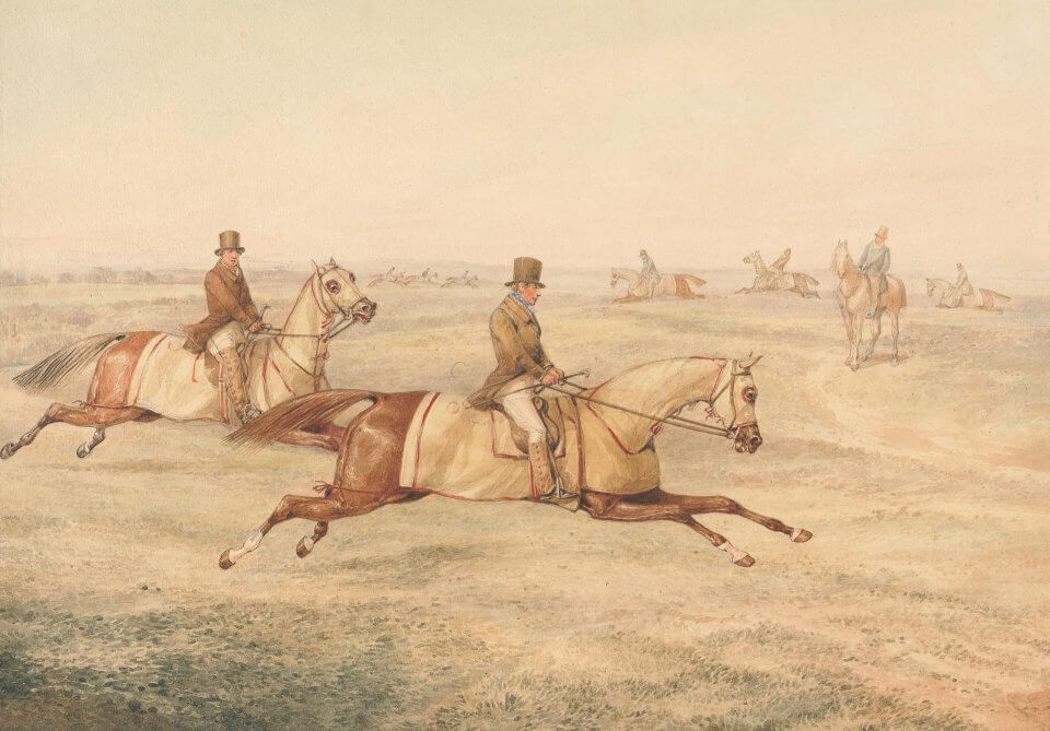 watercolor of two horses at a stretched out gallop
