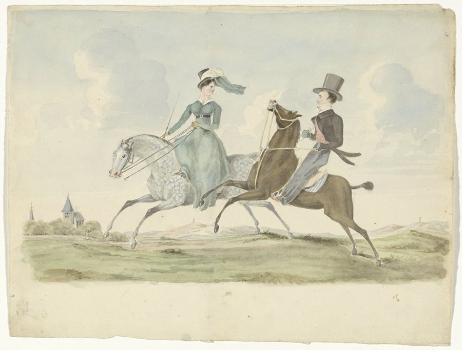 watercolor painting of man and woman riding