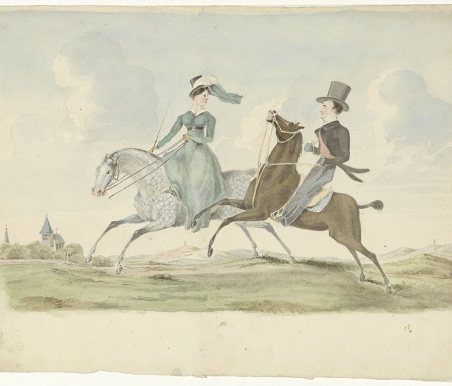 watercolor painting of man and woman riding