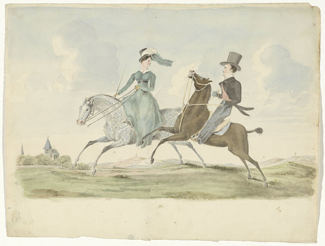 watercolor painting of man and woman riding