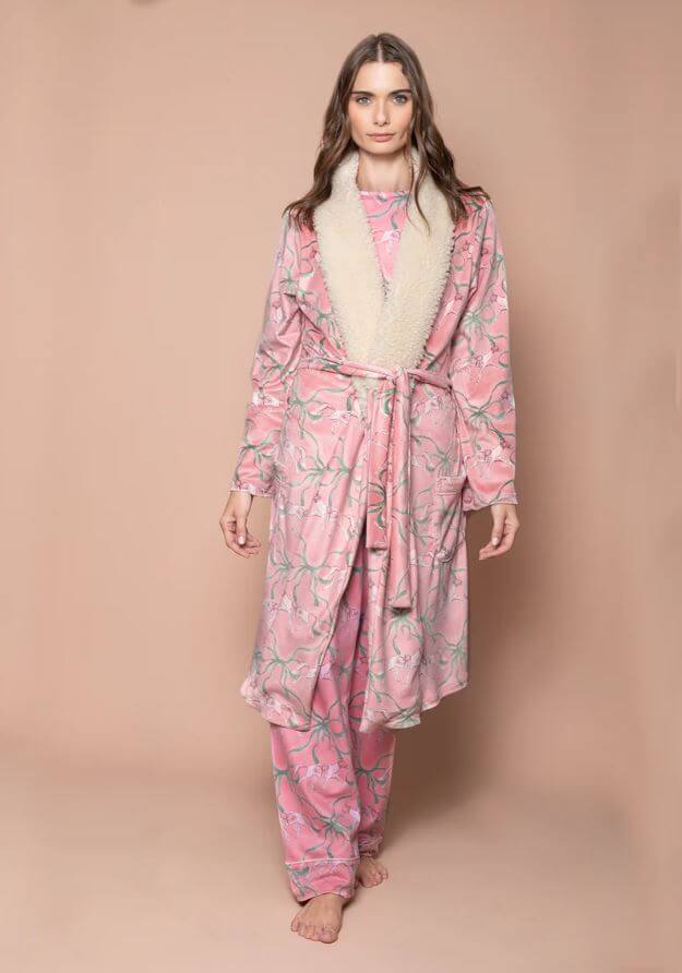 pink bathrobe with fur collar