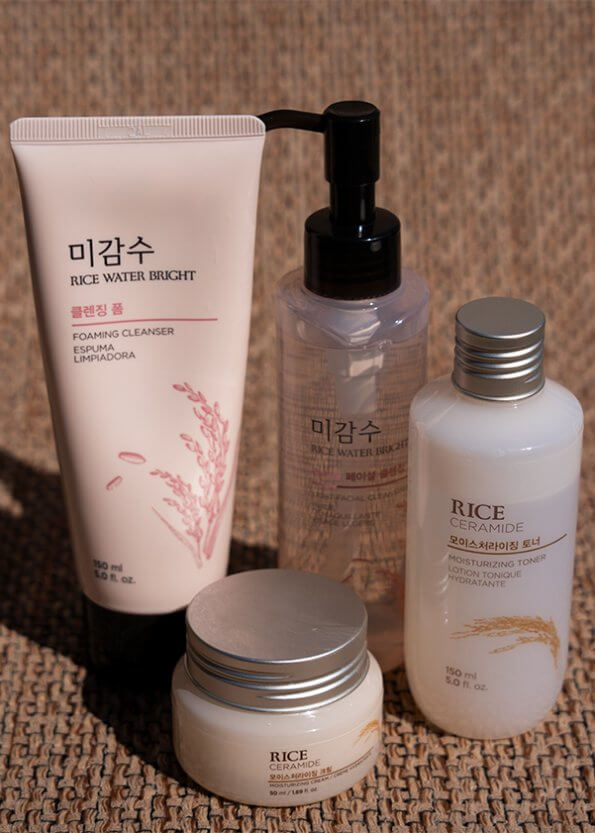 The Face Shop's Rice Water Skincare collection including cleanser, facial oil, lotion and toner