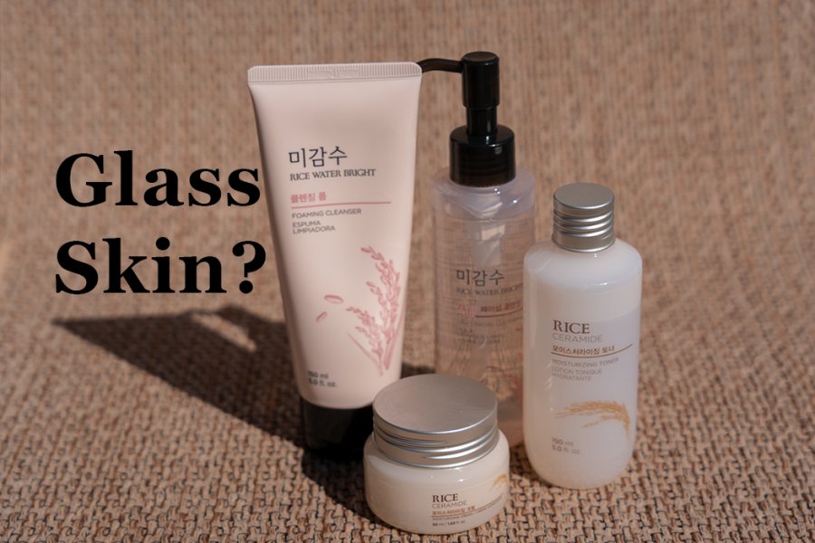 Korean skincare products lined up including face wash, facial oil, lotion and toner