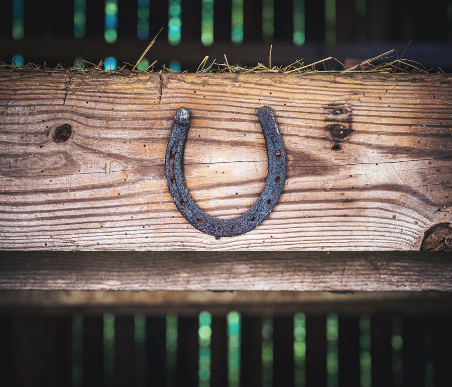 horseshoe nailed to a beam in a barn