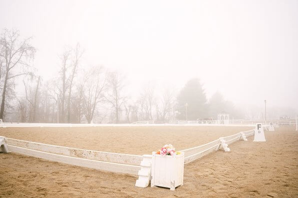 view of a dressage arena on a foggy morning