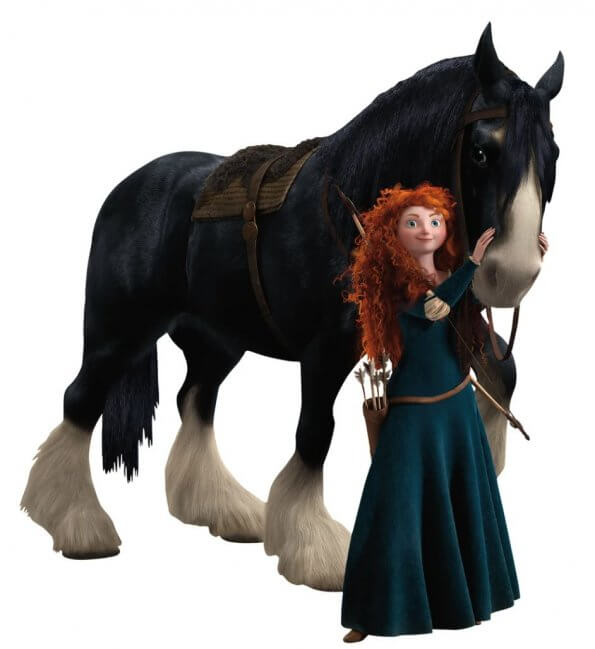 Characters from Brave, Angus the horse, and Merida the Scottish Princess