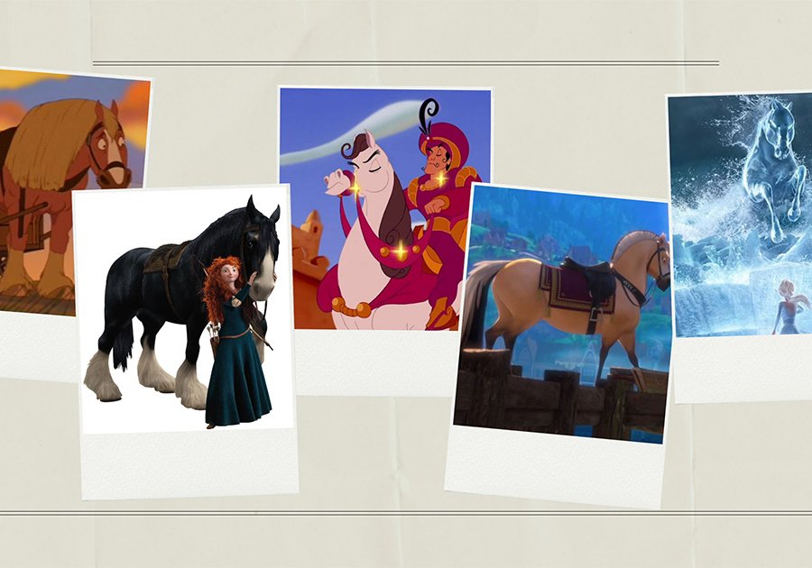 collage of Disney horses from Beauty and the Beast, Brave, Aladdin, Frozen and Frozen 2