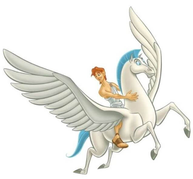 Hercules riding Pegasus in the Disney movie