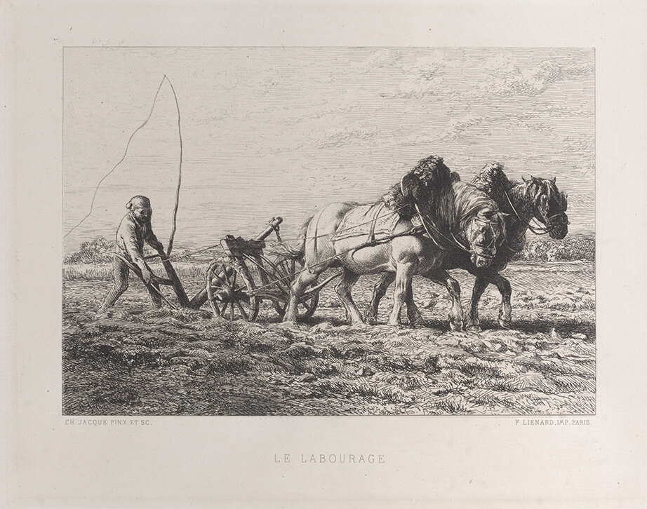 drawing of man with plow horses from the 19th century