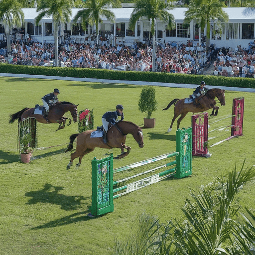 AI generated image of Wellington, Florida of three horses show jumping