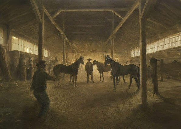 moody drawing of a secret society meeting taking place in a dim barn