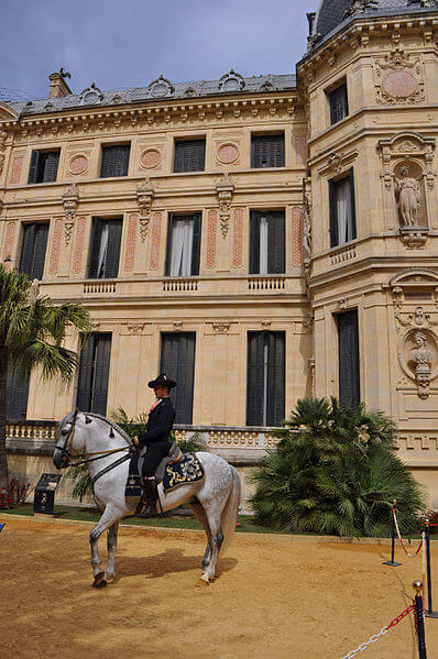 man riding Andalusian horse outside of the Royal Andalusian School of Equestrian Arts