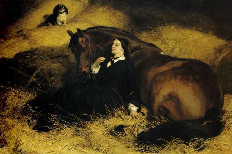 painting of a woman leaning back against a horse in Victorian dress