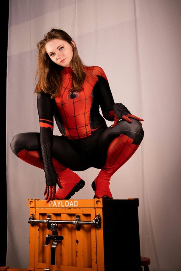 woman in spiderman jumpsuit